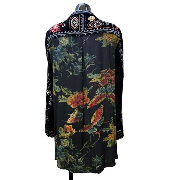 John Mark Black Velvet Embroidered Floral Button-Down Blouse With Patterned Back - Picture 2 of 7